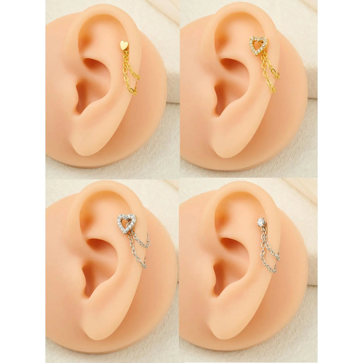 Unisex Stainless Steel Cz Heart Chain Earrings, 20g Push-Back Studs, Fashionable Jewelry Gift for Birthdays & Special Occasions, Chain Style, Trendy Fashionable Accessories, Zircon Stud Earrings, Cubic Zirconia