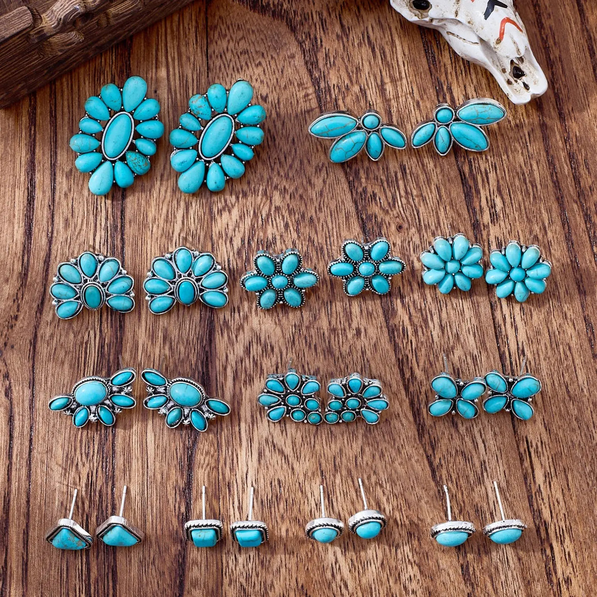 Vintage Bohemian Turquoise Earrings Set, Boho Earrings, Versatile Earrings, Ear Studs, Stud Earring Sets, Fashion Jewelry Accessories, Trendy Fashionable Accessories, Geometric Triangle Round Square Flower Shapes, Women's Gift, 12 Pairs