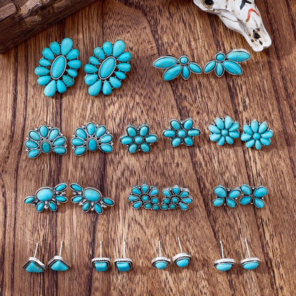 Vintage Bohemian Turquoise Earrings Set, Boho Earrings, Versatile Earrings, Ear Studs, Stud Earring Sets, Fashion Jewelry Accessories, Trendy Fashionable Accessories, Geometric Triangle Round Square Flower Shapes, Women's Gift, 12 Pairs