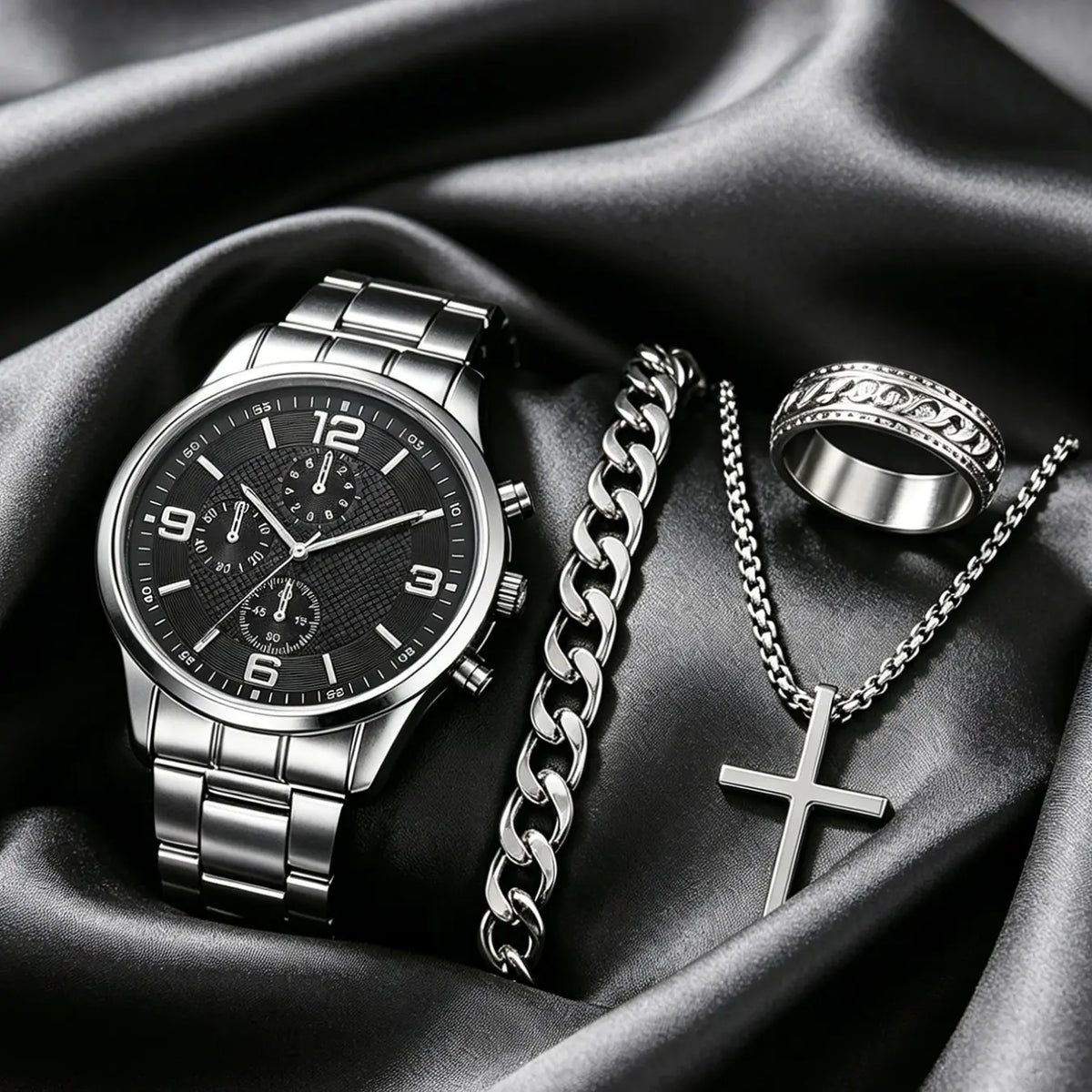 Trendy Silver Color Watch Face, Men's Roman Numerals Quartz Watch Set with Necklace Bracelet Ring, Perfect Birthday Gift for Him, Fashionable Jewelry Set