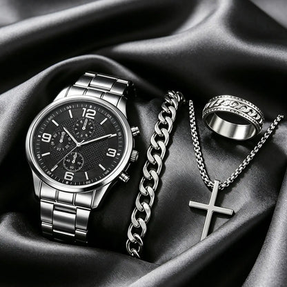 Trendy Silver Color Watch Face, Men's Roman Numerals Quartz Watch Set with Necklace Bracelet Ring, Perfect Birthday Gift for Him, Fashionable Jewelry Set