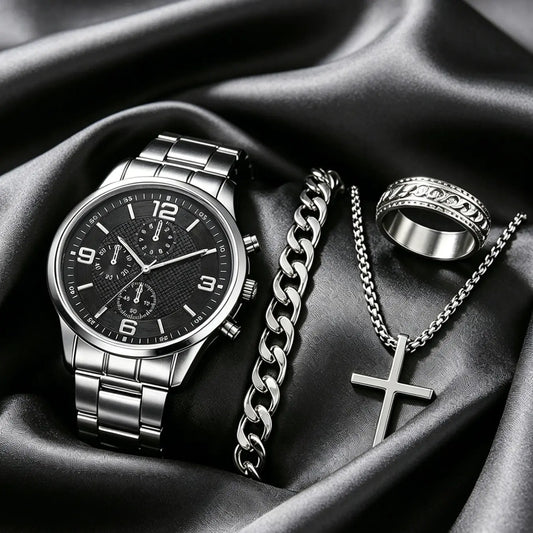 Trendy Silver Color Watch Face, Men's Roman Numerals Quartz Watch Set with Necklace Bracelet Ring, Perfect Birthday Gift for Him, Fashionable Jewelry Set