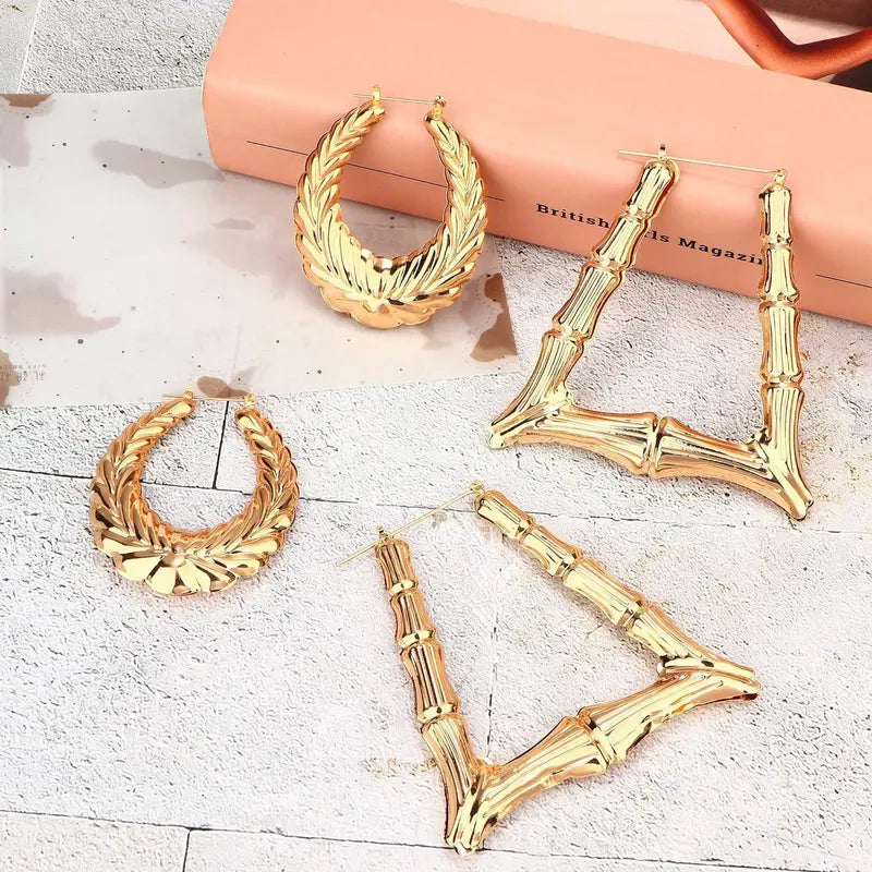 CASSIECA 8Pair Bamboo Geometric Statement Earrings Set, Handmade Artificial Gemstone Jewelry with Large Different Shapes, Chunky Bling Accessories for Women for Party, Daily Wear Sohochic