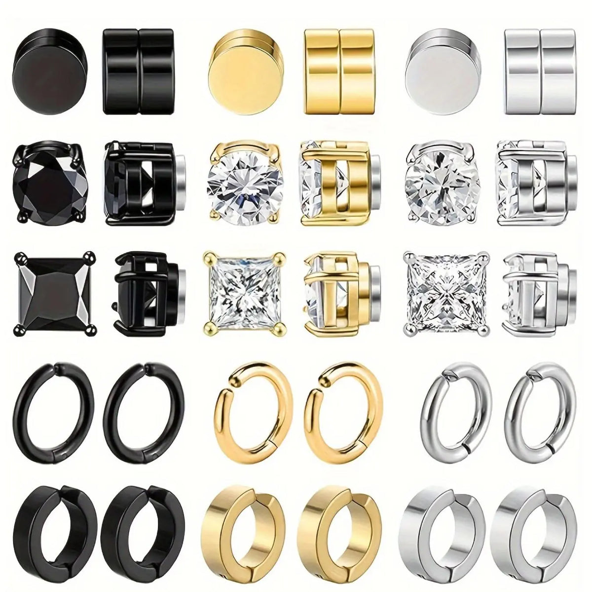 15 Pairs Fashion Street Style Stainless Steel Magnetic Hoop Earrings, Ear Hoops, Earring Set, Non Pierced Jewelry for Men and Women, Acupressure Patch