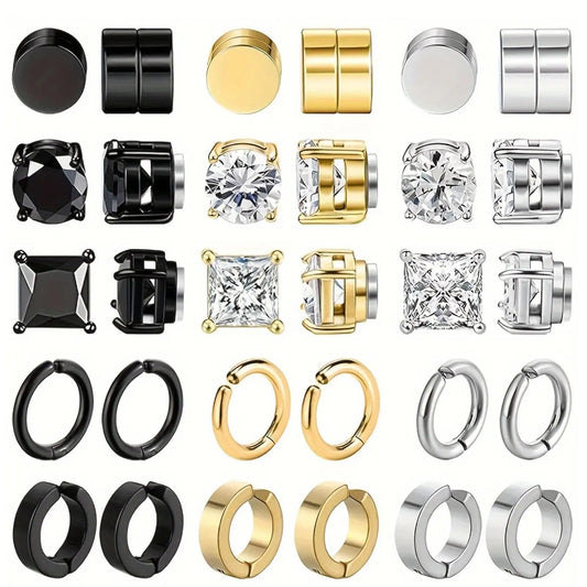15 Pairs Fashion Street Style Stainless Steel Magnetic Hoop Earrings, Ear Hoops, Earring Set, Non Pierced Jewelry for Men and Women, Acupressure Patch