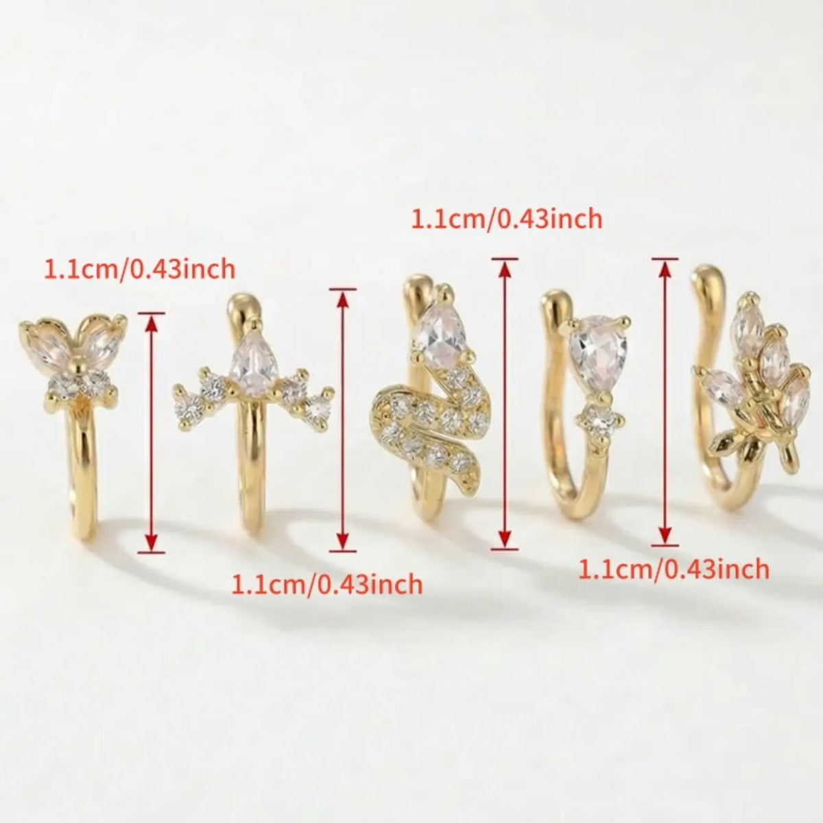 5 Piece Vintage Body Jewelry Synthetic Zircon Nose Rings Set, Butterfly Snake Arrow Geometric Design, No Piercing Needed, Perfect for Daily Wear, Sparkling Zircon Inlay, Body Jewellery