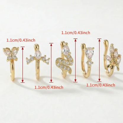 5 Piece Vintage Body Jewelry Synthetic Zircon Nose Rings Set, Butterfly Snake Arrow Geometric Design, No Piercing Needed, Perfect for Daily Wear, Sparkling Zircon Inlay, Body Jewellery