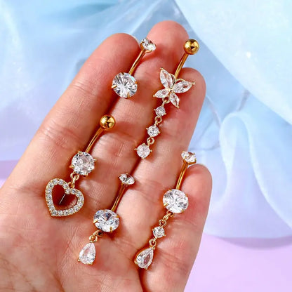 OUFER Women's Goldtone Glow Navel Piercing Body Jewellery Set, 5pcs for Styling 14G 10mm Belly Button Rings with Rhinestone Crystals, Classic Flower & Heart Designs for Female Body Art