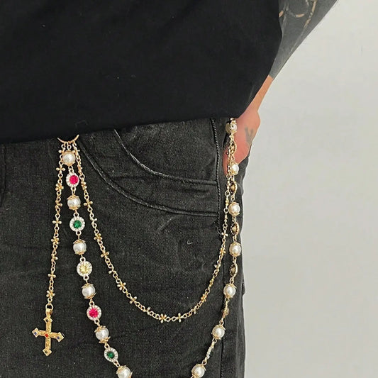 Vintage Colorful Rhinestone Cross Pants Chain, Men's Hip-Hop Style Beaded Jean Chain, Unique Fashion Accessory for Pants Decoration, Chains for Pants