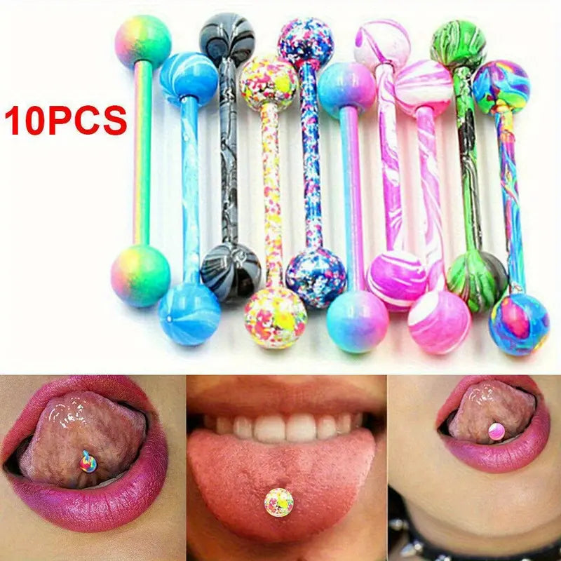 10PCS Colorful Nipple Piercing Jewelry Set Women Vibrant Stainless Steel Ball Barbell Tongue Rings Round Double Balls Barbell Nipple Piercing Body Jewelry Set