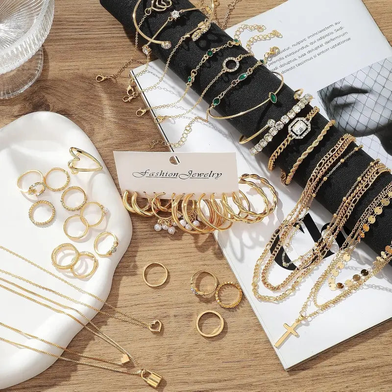 57 Pcs Gold Jewelry Set for Women,12 Pair Hoop Earrings，18 Pair Round Stud Earrings,21 Pcs Stackable Knuckle Rings,6 Pcs MultiLayer Pendant Necklaces，Fashion Accessories for women Gifts