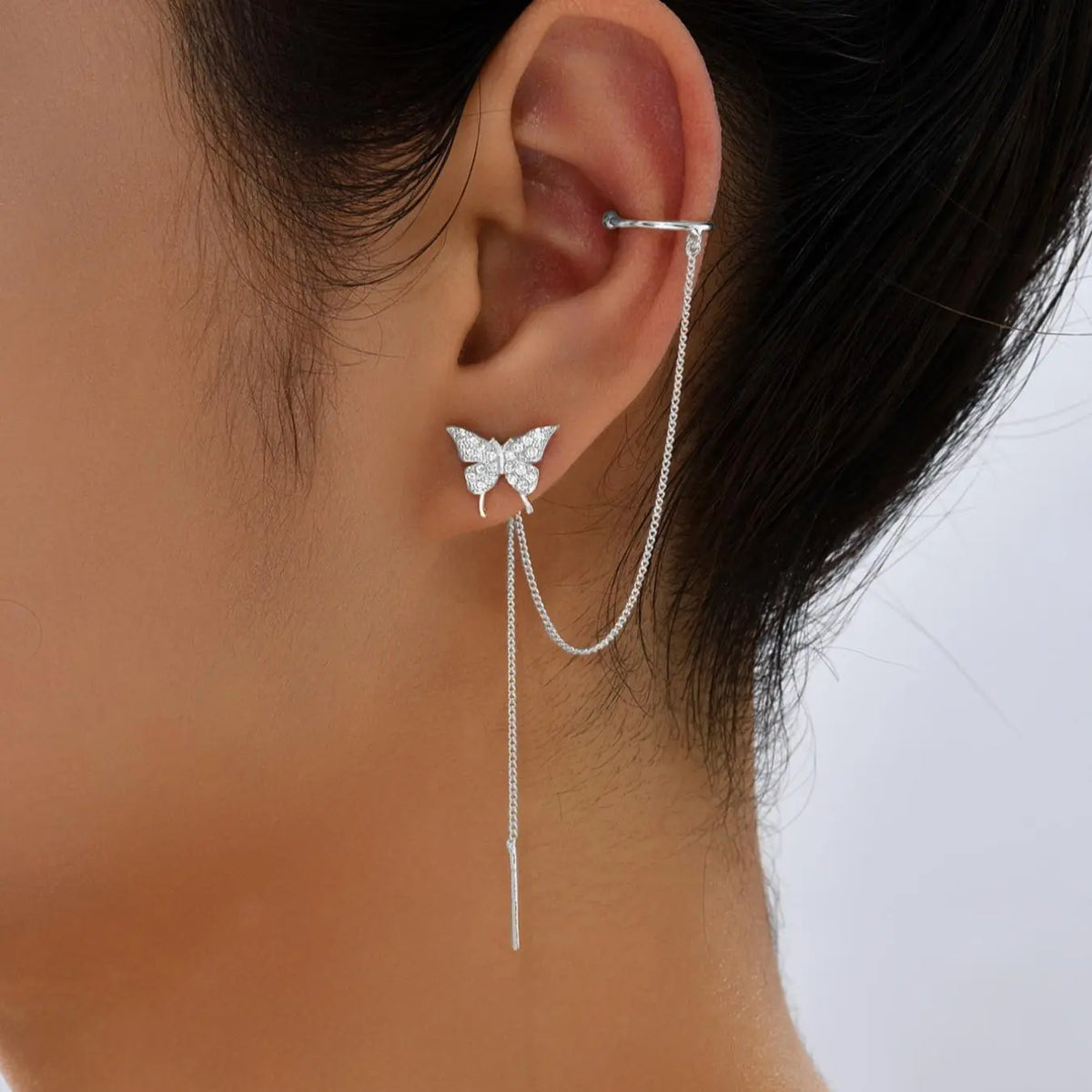 Women's Elegant Trendy Rhinestones Decorated Dangle Earrings with Butterfly Design, Exquisite Tassel Decorated Dangle Earrings for Party & Daily, Classic Fashion Accessories for Daily Wear