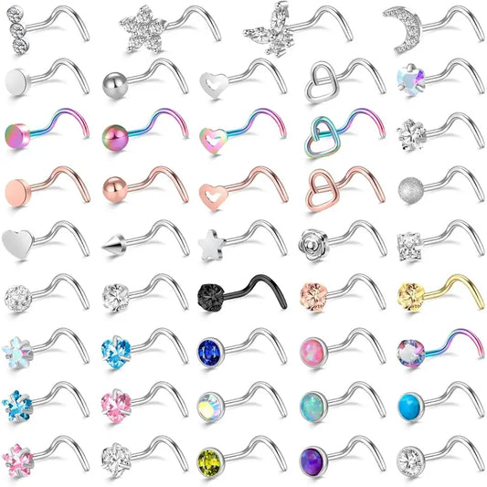 44-Pack 20G Hypoallergenic Rust-Resistant Surgical Stainless Steel Nose Studs Set - Moon, Star, Zirconia Designs, Spiral Nose Rings for Women, Christmas Valentine Stud Piercing Jewelry, Zirconia Piercing Jewelry