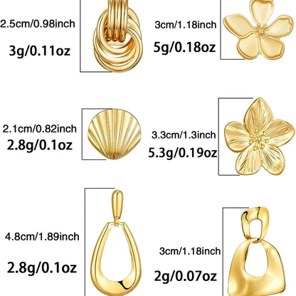 6 Pairs Chunky Gold Earrings for Women, Trendy Statement Gold Plated Flower, Shell and Knot Drop Dangle Earrings, Lightweight Hypoallergenic Fashion Jewelry Set, Earring Stacks