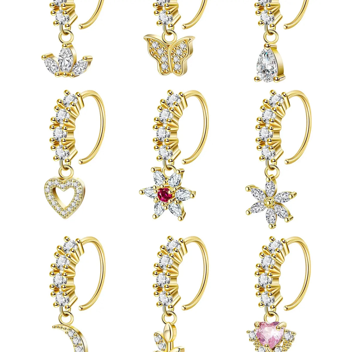 Women's CZ Heart Evil Eye Nose Ring Set, Star Flower Moon Leaf Design Jewelry, Elegant Rhinestone Accessories, Nose Piercing Jewelry, High Quality Jewelry, Body Jewelry Set for All Seasons, Rhinestone Nose Rings