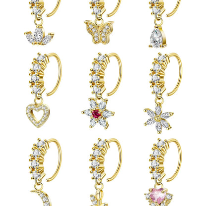 Women's CZ Heart Evil Eye Nose Ring Set, Star Flower Moon Leaf Design Jewelry, Elegant Rhinestone Accessories, Nose Piercing Jewelry, High Quality Jewelry, Body Jewelry Set for All Seasons, Rhinestone Nose Rings