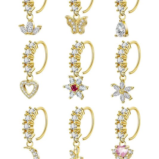 Women's CZ Heart Evil Eye Nose Ring Set, Star Flower Moon Leaf Design Jewelry, Elegant Rhinestone Accessories, Nose Piercing Jewelry, High Quality Jewelry, Body Jewelry Set for All Seasons, Rhinestone Nose Rings