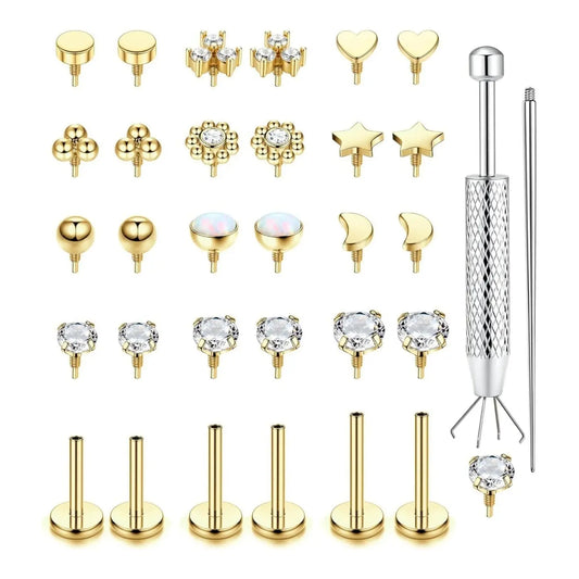 1 Set 16G 18G Flat Back Stud Earrings for Women Men Hypoallergenic Stainless Steel Internal Thread Stud Piercing Jewelry for Tragus Helix Cartilage Conch Nose Lip Labret Medusa Piercings