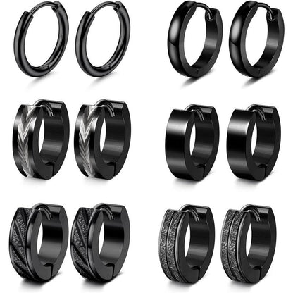 CASSIECA 6Pair Stainless Steel Earrings Set Classic Small Hoops, Helix Piercing Sleepers, Dome, Black Styles, Sleep Safe Jewelry for Men/Women, Men's Accessories Sohochic