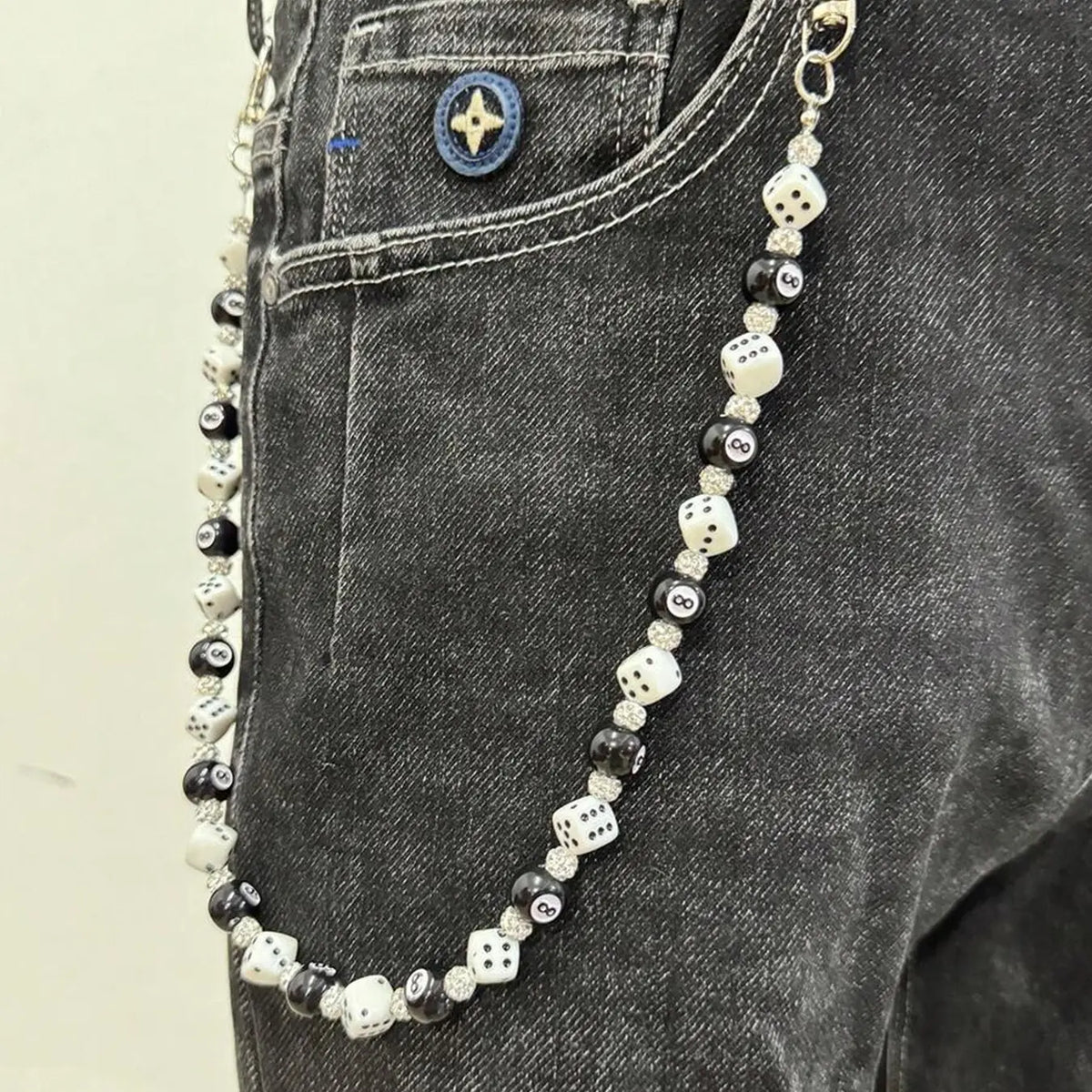 1pc Fashion Street Hip Hop Pants Chain, Rhinestone Beaded, Pool Ball and Dice Decor, Handmade, Unisex, Daily Wear Accessory, Men's Waist Decoration, Chains for Pants