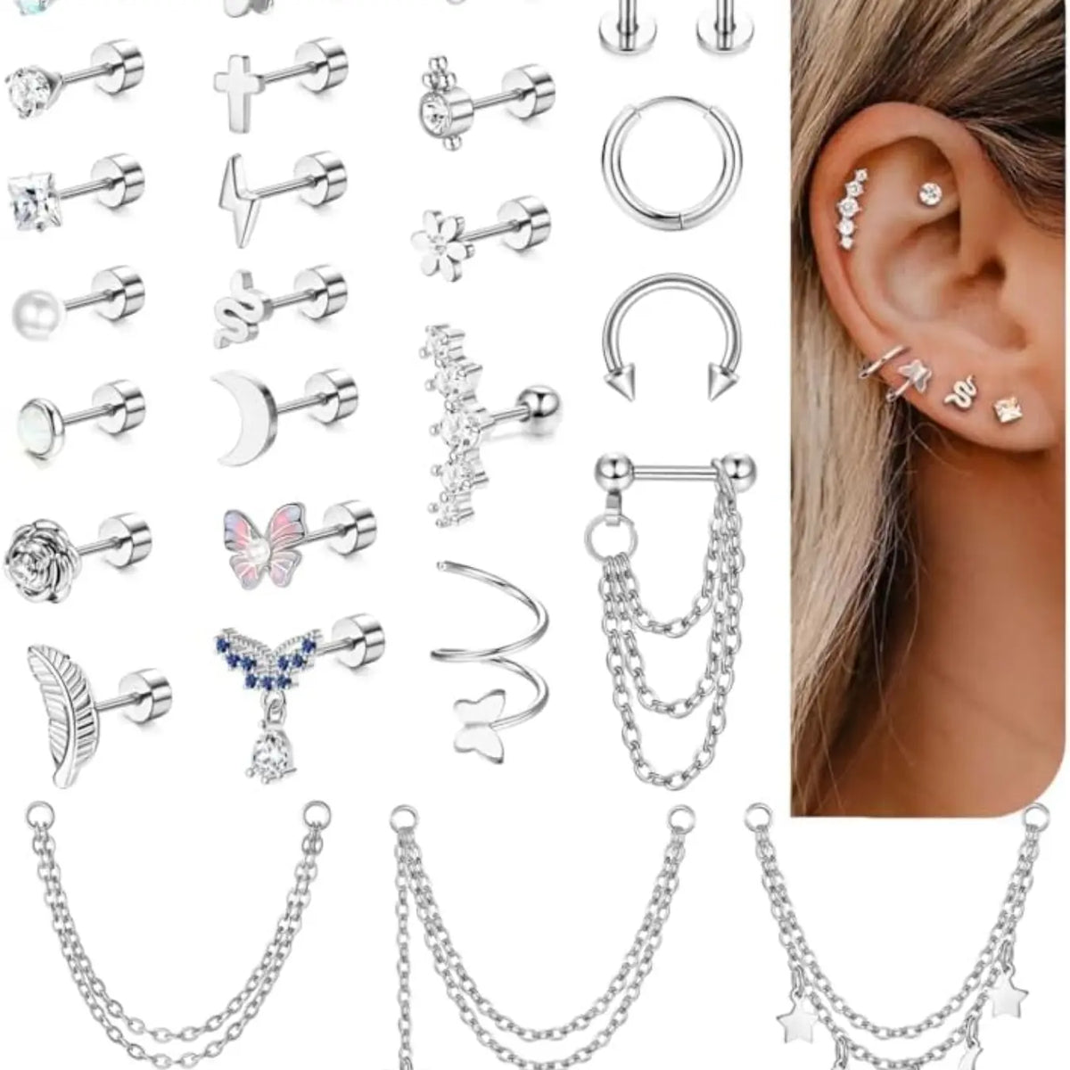 27 Pcs Helix Piercing Earrings Hypoallergenic Surgical Steel Earrings for Women Men Small Cz Flat Back Earrings, Earrings With Flat Backs, Cartilage Helix Hoop Tragus Flat Back Studs Set Earring