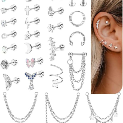 27 Pcs Helix Piercing Earrings Hypoallergenic Surgical Steel Earrings for Women Men Small Cz Flat Back Earrings, Earrings With Flat Backs, Cartilage Helix Hoop Tragus Flat Back Studs Set Earring