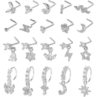 20Pcs 20G Gold Tone Nose Rings Set for Women, Stainless Steel L Shaped Nose Studs & C Shaped Dangle Rings, CZ Butterfly Flower Moon Star Nostril Piercing Jewelry