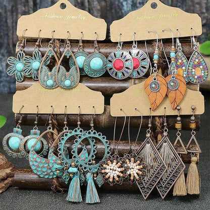 12 Pairs Boho Hollow-Out Leaf & Vintage Shell Design Dangle Earrings for Women, Statement Fashion Jewelry, Trendy Unique Dangling Earrings