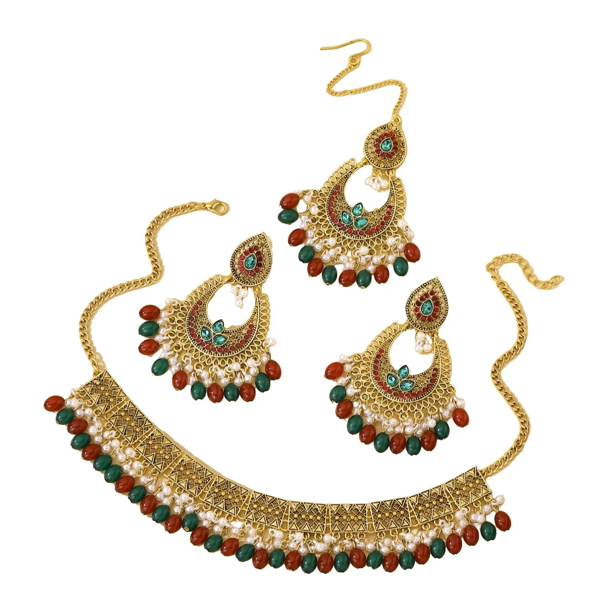 Fashionable Ethnic Style Mangatika Costume Jewelry Set, Bridal Jewelry Set for Wedding, Includes Head Chain, Necklace, Earrings, Perfect for Brides & Parties