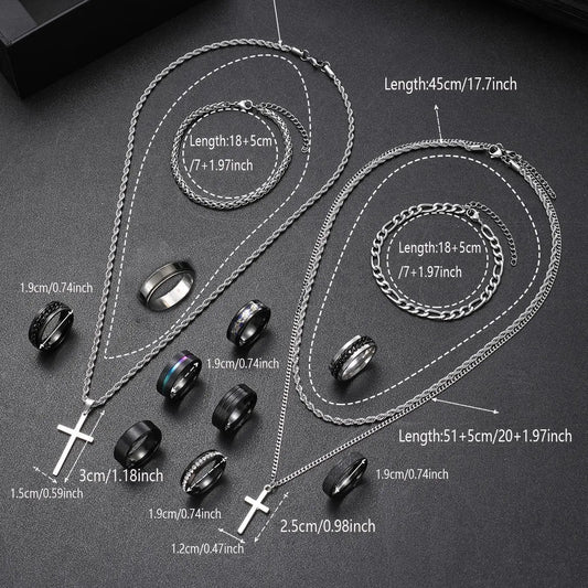 14/55 Piece Stainless Steel Trendy Jewelry Set, Hip Hop Punk Cross Men's Ring Necklace Bracelet, Party Gift for Boyfriend Birthday Father's Day