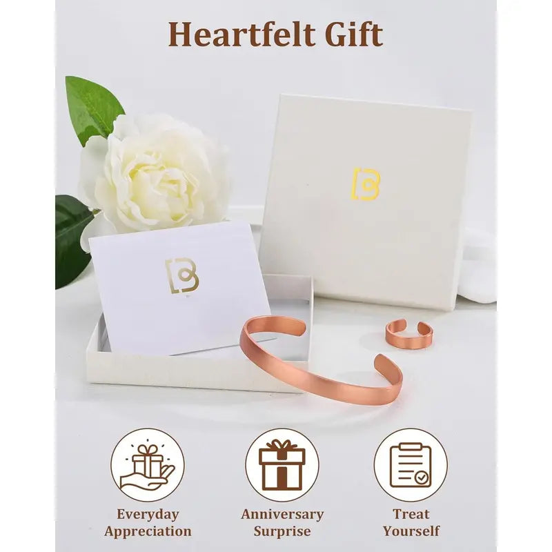 Pure Copper Bracelet & Ring for Women Men, 99.99% Solid  Copper Cuff Bangle, Adjustable   with  Box