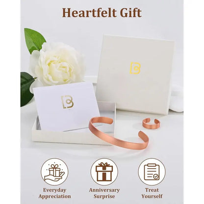 Pure Copper Bracelet & Ring for Women Men, 99.99% Solid  Copper Cuff Bangle, Adjustable   with  Box