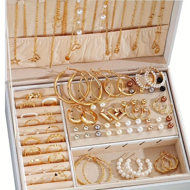 86-piece set of fashionable and elegant gold-plated butterfly necklace, heart-shaped ring, imitation pearl earrings, earrings, 4 in 1 multi-piece jewelry set, suitable for girls' daily travel, party and holiday gifts, fashion accessories (No box)