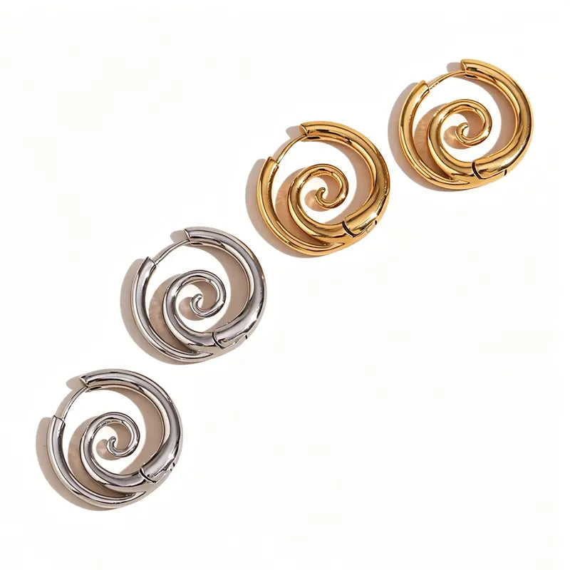 Oufer 2PCS Pair Faux Stretched Spiral Clicker Earrings 316L Stainless Steel Gold & Silver Color Fashion Jewelry Accessories