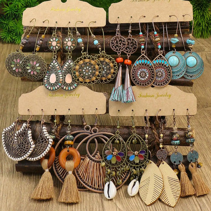 12 Pairs Boho Hollow-Out Leaf & Vintage Shell Design Dangle Earrings for Women, Statement Fashion Jewelry, Trendy Unique Dangling Earrings