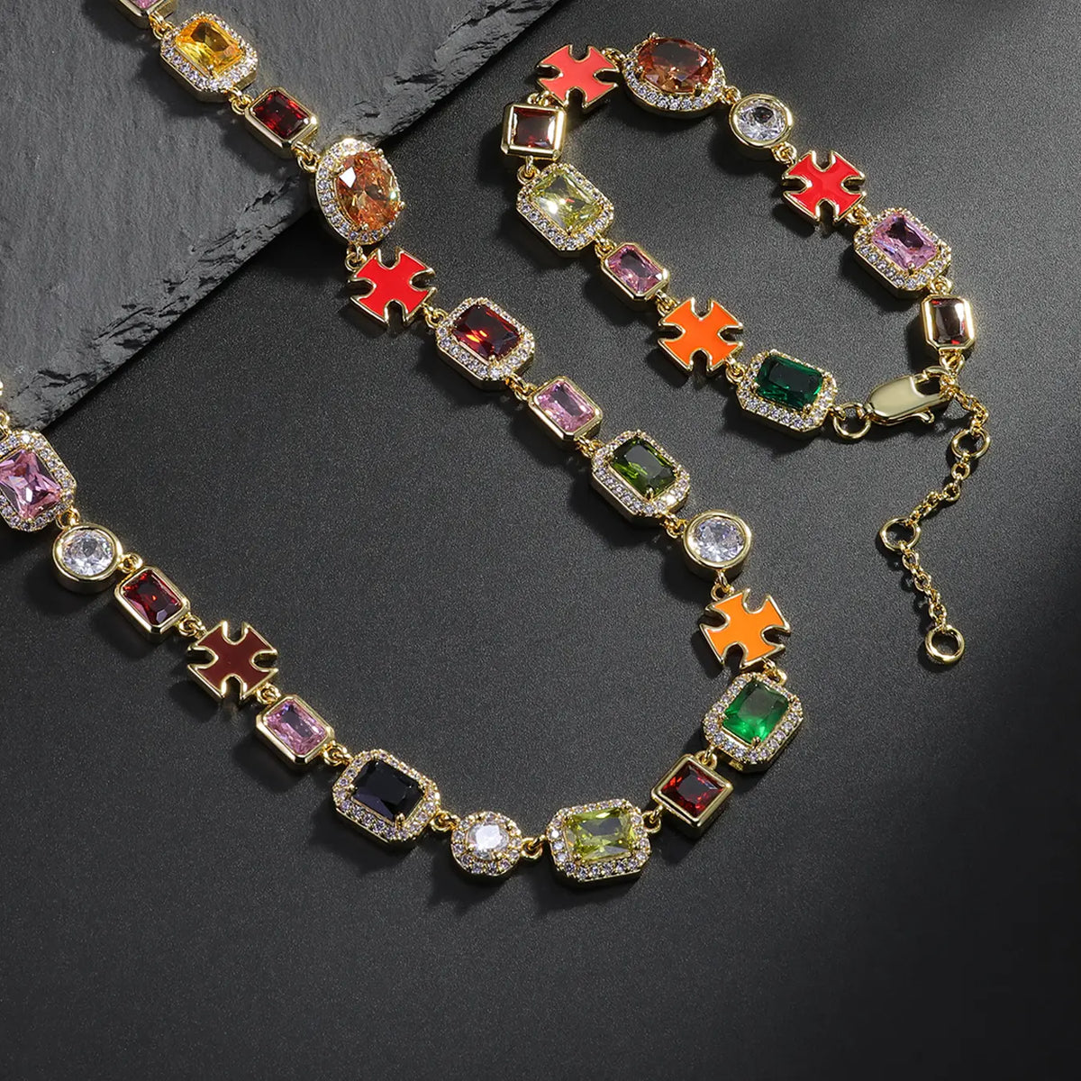 ICED CHICS Unisex Necklace & Bracelet Set (2pcs/set), Trendy Jewelry Set, Fashionable Colorful Zirconia for All Seasons, Cross Accent, Hip Hop Street Style, Perfect Gift