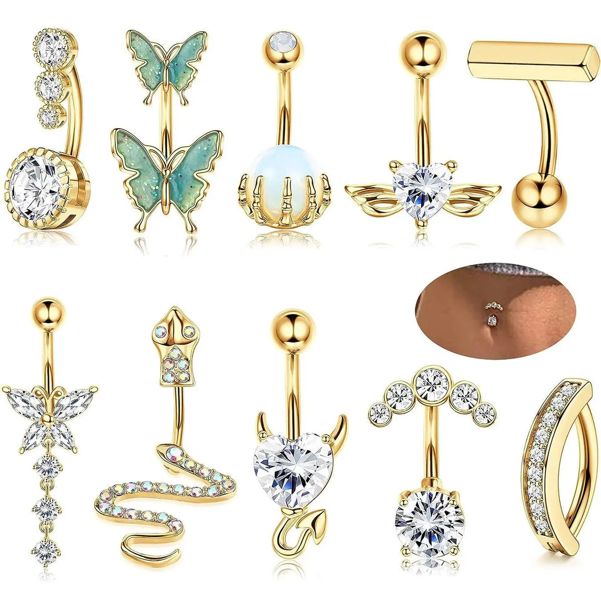 Women's Spring Rhinestone Butterfly & Snake Shape Belly Ring As Gift, Body Piercing Body Jewelry Set, Navel Piercing Jewelry, Maximalist Jewelry, Classic Belly Button Rings Accessories for Daily Wear Back To School, Body Jewellery
