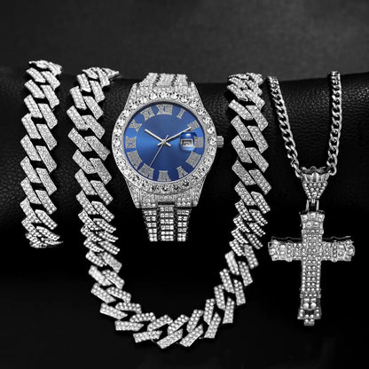 Men's Quartz Watch Set with Punk Cuban Chain Necklace & Bracelet, Men Jewelry, Multiple Colors, Perfect Gift for Daily Wear, Holidays, Back-To-School, Jewelry Sets