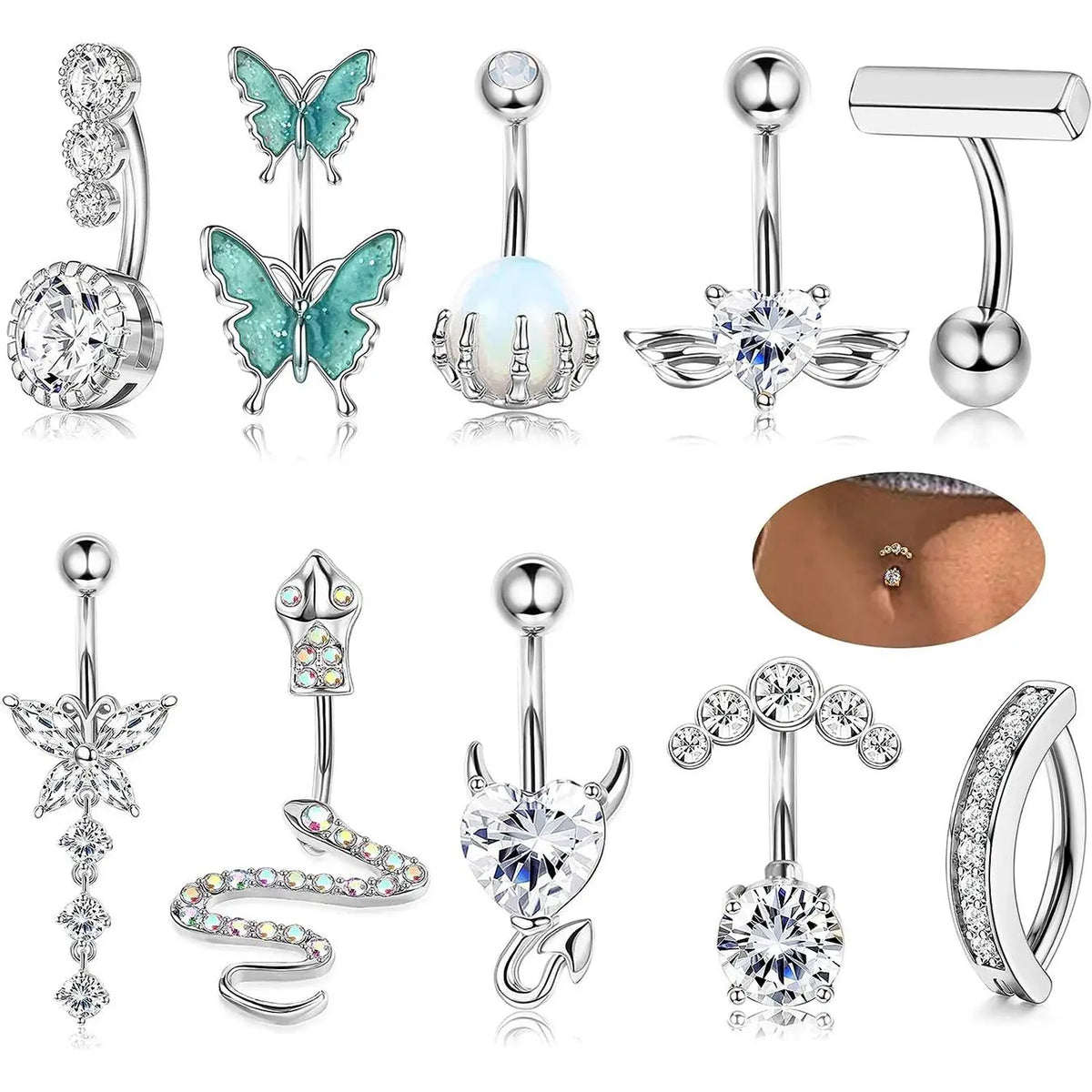 Women's Spring Rhinestone Butterfly & Snake Shape Belly Ring As Gift, Body Piercing Body Jewelry Set, Navel Piercing Jewelry, Maximalist Jewelry, Classic Belly Button Rings Accessories for Daily Wear Back To School, Body Jewellery