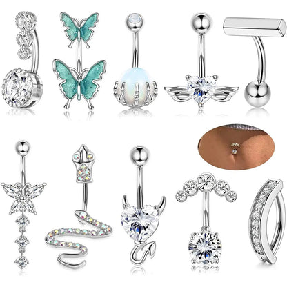 Women's Spring Rhinestone Butterfly & Snake Shape Belly Ring As Gift, Body Piercing Body Jewelry Set, Navel Piercing Jewelry, Maximalist Jewelry, Classic Belly Button Rings Accessories for Daily Wear Back To School, Body Jewellery