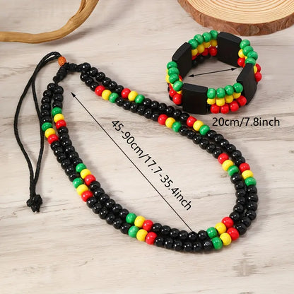 Bohemian Double-layer Colorful Beads Necklace & Bracelet Set, Retro Red Yellow Green Round Wood Bead Ethnic Necklace Multi-layer Bracelet Women Men Handmade Beaded Jewelry Set