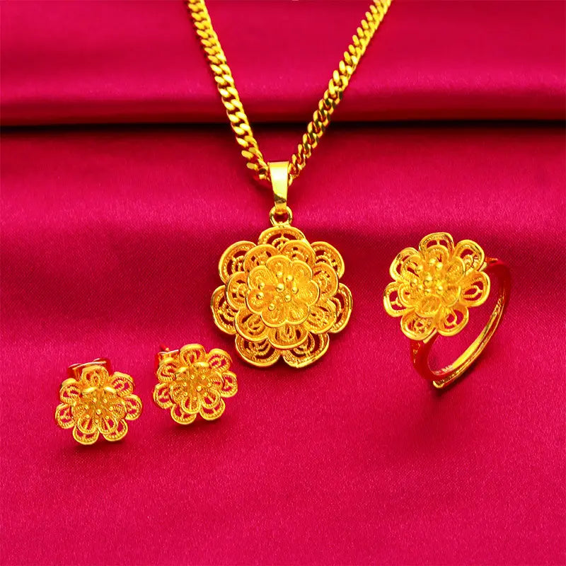 [Angela New Arrivals] Female Adults' Luxe Elegant Gold-tone Flower-shaped Jewelry Set - Daily Light Luxury High-end Necklace, Bracelet, Ring with Flower Pendant
