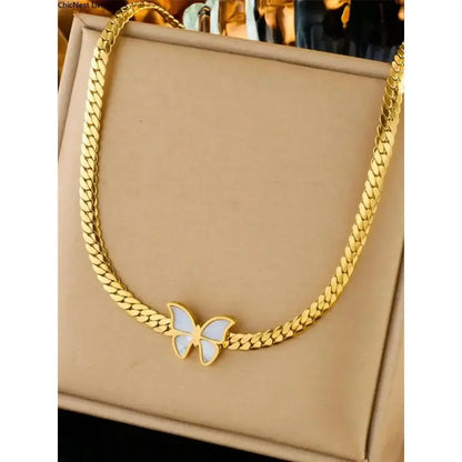 Women's Gold Stainless Steel Butterfly Motif 2-Piece Necklace and Bracelet Set - Golden Jewelry Set with Gold Chain, Durable Steel Sports Wristband, Gift-Ready Gifting Option for DIY Bag Accents