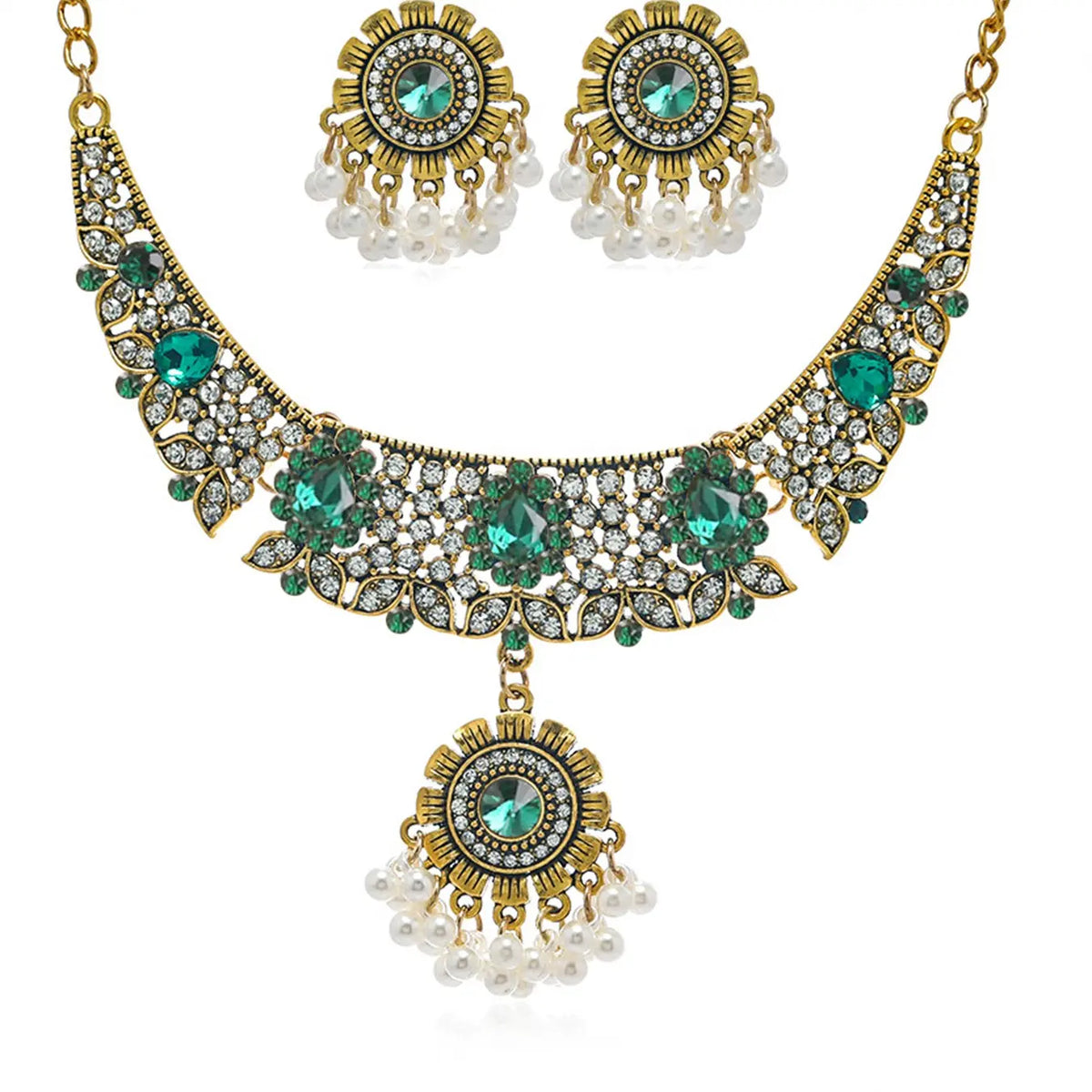 Vintage Indian Inspired Jewelry Set for Women, Necklaces Earrings Set, Antique Gold Tone Stone Choker Necklace and Matching Earrings with Faux Pearl Tassels, Boho Wedding Party Accessories.Available in Green and Red