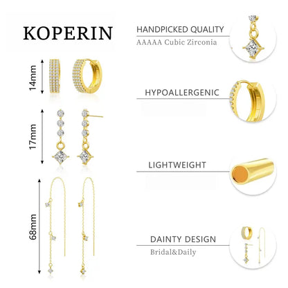 Women's 3-Piece Hypoallergenic Gold Plating Chain Dangle Earrings Set - Non-Tarnish Gold Sparkling Stone Earrings for Ear Stacking, Bling Effect, Daily Elegance, Bridal & Party Wear, Accessories Adults Female