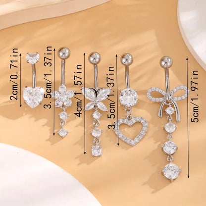 5PCS Classic Butterfly-shaped Heart Flower Composite Zirconia Inlaid Navel Ring Pendants Body Piercing Jewelry Women Stainless Steel Bohemian Hollow Silvery Luxurious Cubic Zirconia Navel Pins Set