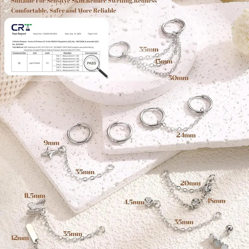 LOLIAS Women's 33Pcs 20G Surgical Steel Cartilage Earring Set - Hypoallergenic Flat Back/Push Back Studs, Hoops, 7 Chain Dangles, Trendy Iridescent Chain, CZ Opal Jewelry for Conch Piercings, Earring Stack, 10mm, Birthday Gift, Body Piercing Kit
