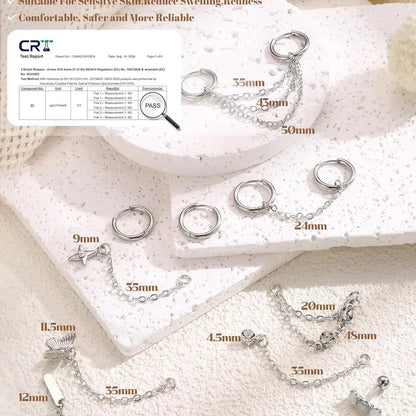 LOLIAS Women's 33Pcs 20G Surgical Steel Cartilage Earring Set - Hypoallergenic Flat Back/Push Back Studs, Hoops, 7 Chain Dangles, Trendy Iridescent Chain, CZ Opal Jewelry for Conch Piercings, Earring Stack, 10mm, Birthday Gift, Body Piercing Kit
