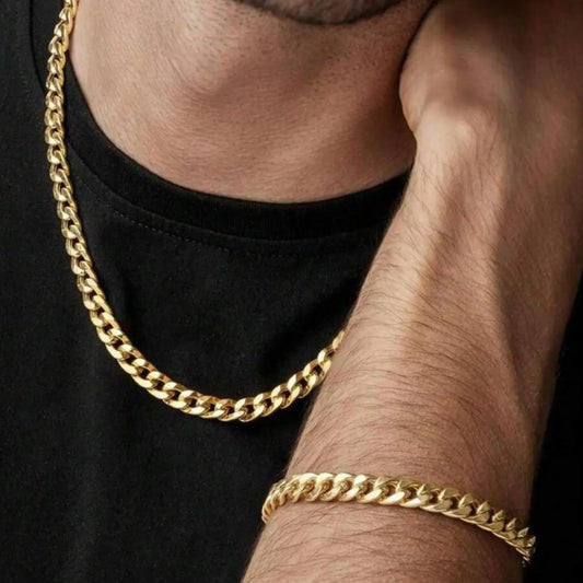 2pcs/Set Men's Minimalist Solid Color Stainless Steel Cuban Link Necklace And Bracelet, Hip-Hop Fashion Jewelry, Fashionable Jewelry Set, Versatile Accessory, Elegant Jewelry, Christmas, Valentine's Day, New Year Holiday Gift