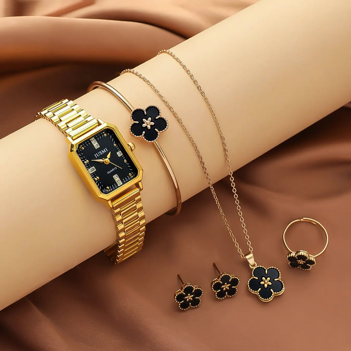 6pcs/set Vintage Elegant Jewelry Set with Clover Elements, Includes Watch Necklace Bracelet Earrings Ring for Daily Wear, Fashionable Jewelry Set, Jewelry Gift Set, Jewellery Gift Set